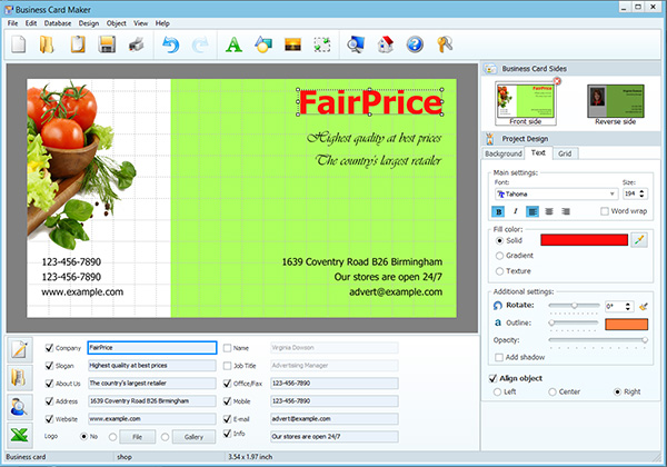 Business Card Maker software - main window